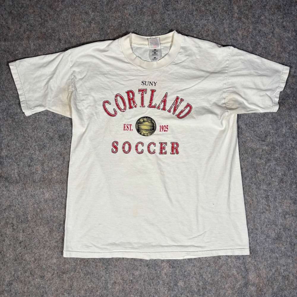 Vintage SUNY‎ Cortland Soccer T-Shirt Mens L Cream Fruit if the Loom 90s
